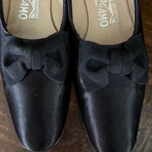 Salvatore Ferragamo Black Satin Bow Flats